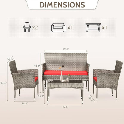 FDW 4 Pieces Outdoor Furniture Set Patio Conversation Set Wicker with Rattan Chair Loveseats Coffee Table for Outdoor Indoor Garden Backyard Porch Poolside Balcony,Gray Wicker/Red Cushions