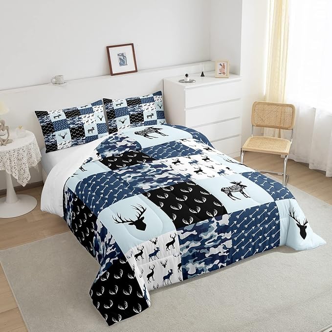 Cute Deer Comforter Set King, Military Camo Bedding Set for Kids Boys Girls Teens Bedroom Tribal Animal Antlers Silhouette Quilted Comforter Checkered Plaid Arrows Bedding Comforters, Army Blue&White