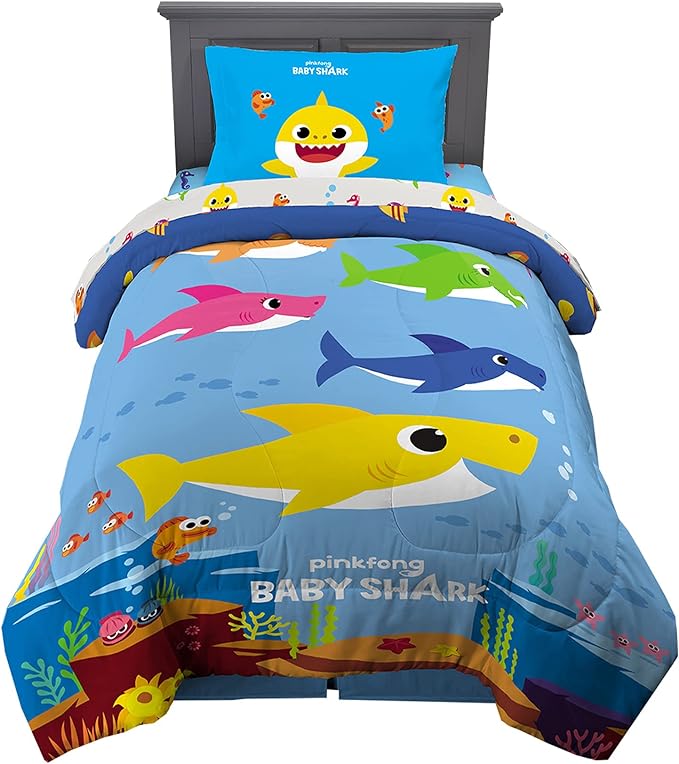 Franco Kids Bedding Super Soft Comforter and Sheet Set, 4 Piece Twin Size, Baby Shark