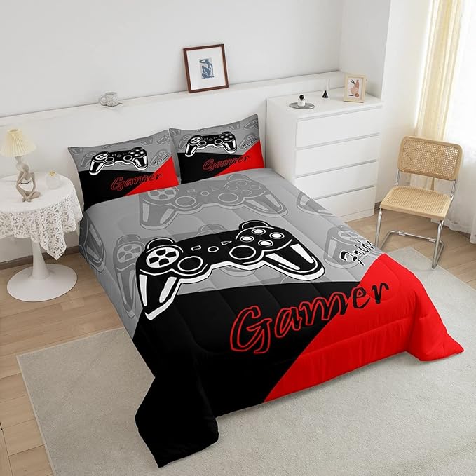 Feelyou Gamer Comforter Set for Boys Teens Gaming Bedding Set Video Game Contoller Home Decor for Kids Down Alternative Comforter Full Size 3 Pieces 1 Comforter with 2 Pillowcases