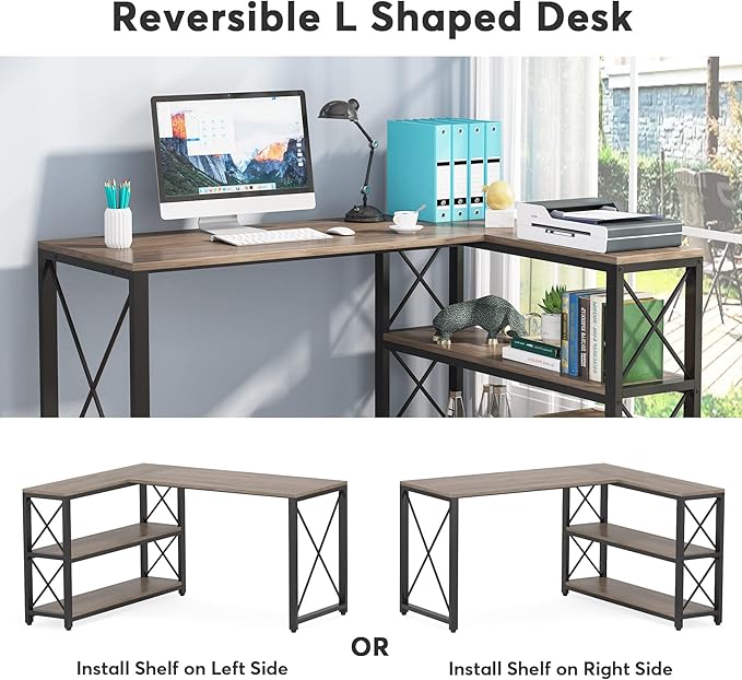 Tribesigns Reversible Industrial L-Shaped Desk with Storage Shelves, Corner Computer Desk PC Laptop Study Table Workstation for Home Office Small Space (Grey, 53")