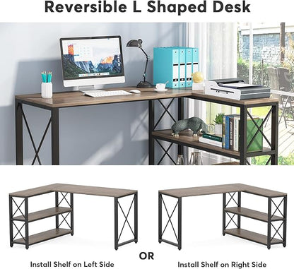 Tribesigns Reversible Industrial L-Shaped Desk with Storage Shelves, Corner Computer Desk PC Laptop Study Table Workstation for Home Office Small Space (Grey, 53")