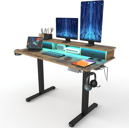 Electric Adjustable Standing Desk, Sit Stand Desk with Power Outlets & LED Lights 48”Adjustable Height Standing Desk with Drawers Adjustable Table Desk Riser for Home Office