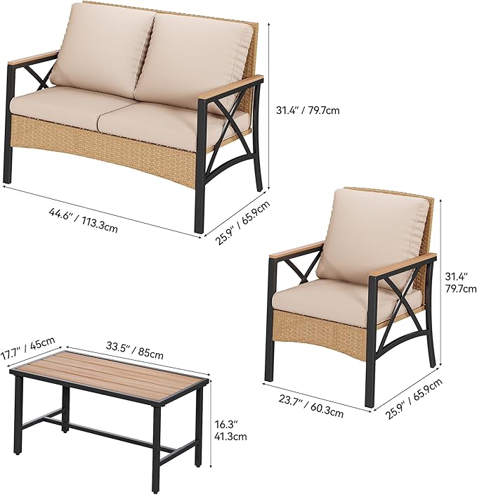 YITAHOME 4-Piece Patio Wicker Furniture Set with Wood Armrest, All Weather Rattan Conversation Furniture Sets for Backyard, Balcony, Deck w/Soft Cushions and Plastic Wood Table (Light Brown+Beige)