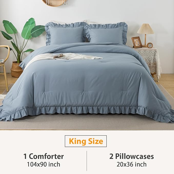 Andency Grayish Blue King Comforter Set(104x90Inch), 3 Pieces Lightweight Winter Summer Warm Fluffy Bedding Comforter Set, All Season Microfiber Shabby Chic(1 Ruffle Comforter and 2 Pillowcases)