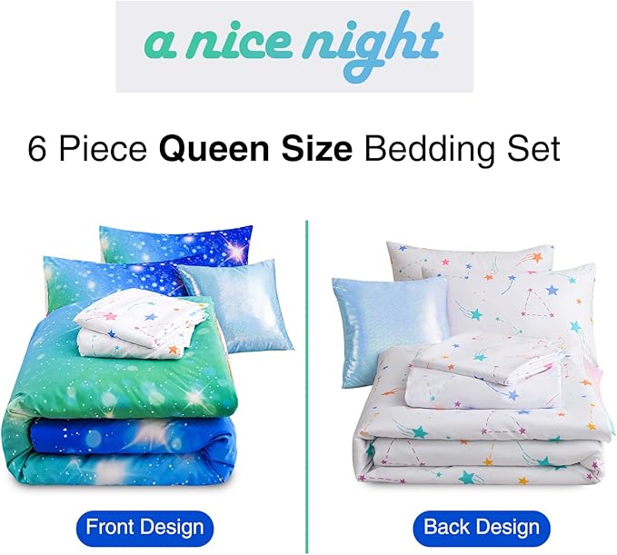 A Nice Night 6Pcs Gradient Glitter Bedding Set for Girls, Colorful Rainbow Galaxy Comforter Set, Ultra Soft Bedding Sets (Blue-Green,Queen 6Pcs)