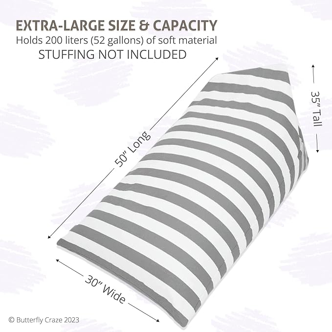 Butterfly Craze Bean Bag Chair Cover, Functional Toddler Toy Organizer, Fill with Stuffed Animals to Create a Jumbo, Comfy Floor Lounger for Boys or Girls, Stuffing Not Included, Grey Stripe