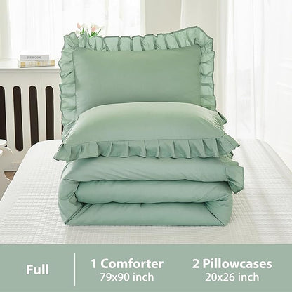 Andency Sage Green Comforter Set Full, 3 Pieces Lightweight Soft Ruffle Bed Comforter, Farmhouse Rustic Fluffy Microfiber Down Alternative Bedding Set (79x90Inch Comforter)