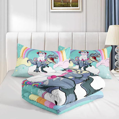 Unicorn Comforter Set 3Pcs Cartoon Dinosaur Kids Bedding Set Rainbow Cloudy Star Bed Set with 1 Comforter and 2 Pillowcases
