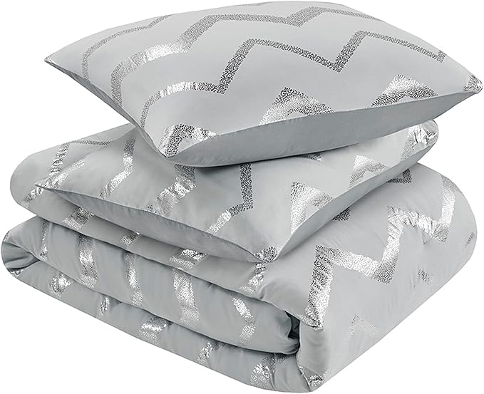 Codi Grey Queen Comforter Set, Silver Print Bedding Sets for Queen Size Bed - 4 Piece includes 1 Queen/Full Comforter with 1 Decorative Pillow and 2 Pillow Cases - All Season Warm
