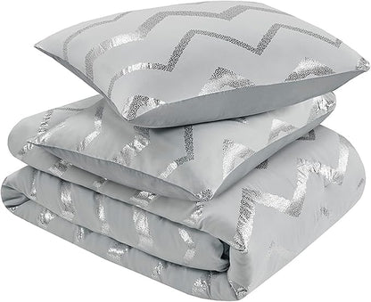 Codi Grey Queen Comforter Set, Silver Print Bedding Sets for Queen Size Bed - 4 Piece includes 1 Queen/Full Comforter with 1 Decorative Pillow and 2 Pillow Cases - All Season Warm