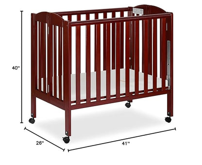 Dream On Me 3 in 1 Portable Folding Stationary Side Crib in Cherry, Greenguard Gold Certified, Safety Wheel with Locking Casters, Convertible, 3 Mattress Heights
