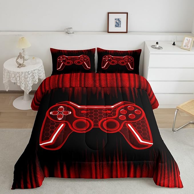Feelyou Gamer Comforter Set Full Size Kids Game Controller Comforter for Boys Teens Red Black Bedding Set Gaming Duvet Set Room Decor Quilt Set