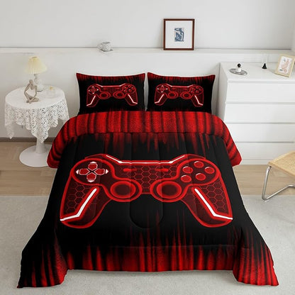 Feelyou Gamer Comforter Set Full Size Kids Game Controller Comforter for Boys Teens Red Black Bedding Set Gaming Duvet Set Room Decor Quilt Set