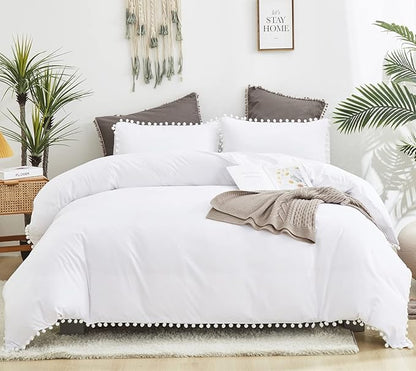 White Twin Comforter Girls Pom Comforter White Twin Bedding Set Boys 3 PCs Soft White Ball Pom Fringe Comforter Set 1 Twin Comforter (68x90 inches) with 2 Pillowcases (20x26 inches)