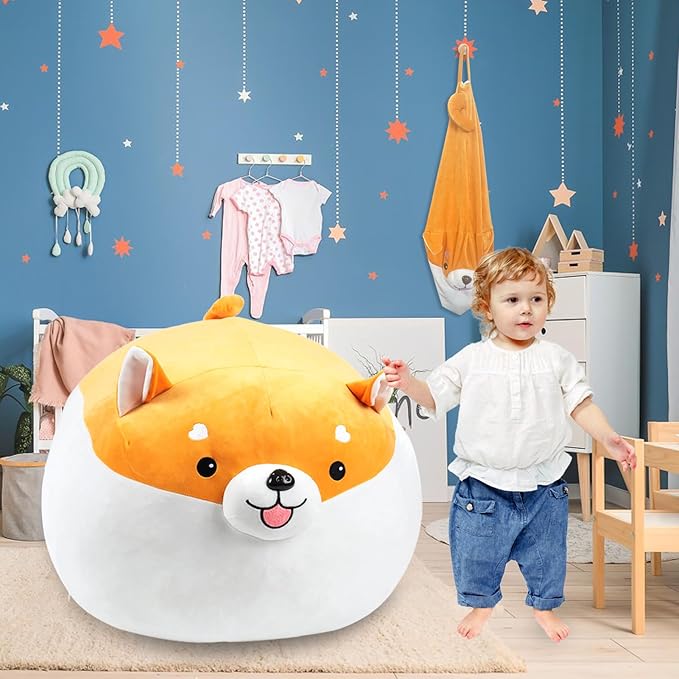 Stuffed Animal Storage Bean Bag Chair Cover for kids Cute Shiba Inu Yellow Dog Large Beanbag Plush Toy Bedroom Décor Organizer Cover, No Beans