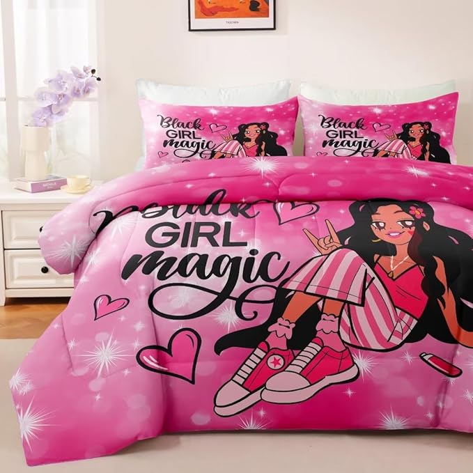 Black Girl Comforter Set Queen for Kids,Black Girl Magic Bedding Set,Cuet Black Princess Girl Comforter Black Queen Melanin Bedroom Bed Set