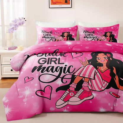 Black Girl Comforter Set Full for Kids,Black Girl Magic Bedding Set,Cuet Black Princess Girl Comforter Black Queen Melanin Bedroom Bed Set