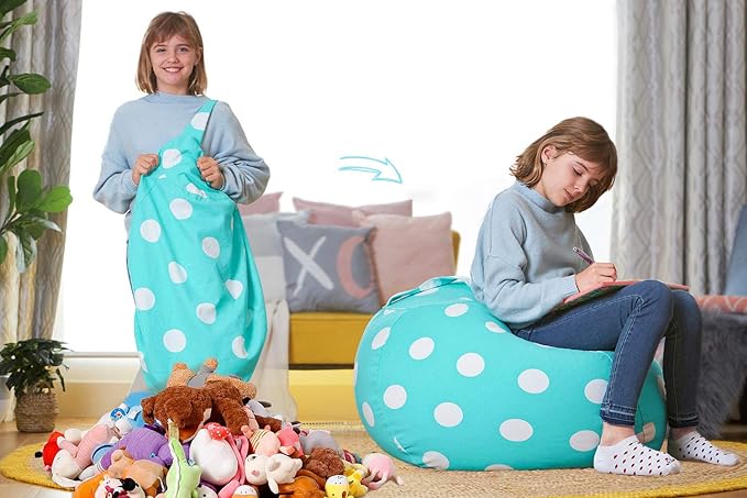 Aubliss Stuffed Animal Bean Bag Storage Chair, Beanbag Covers Only for Organizing Plush Toys, Turns into Bean Bag Seat for Kids When Filled, Medium 32"-Canvas Dot Light aqua
