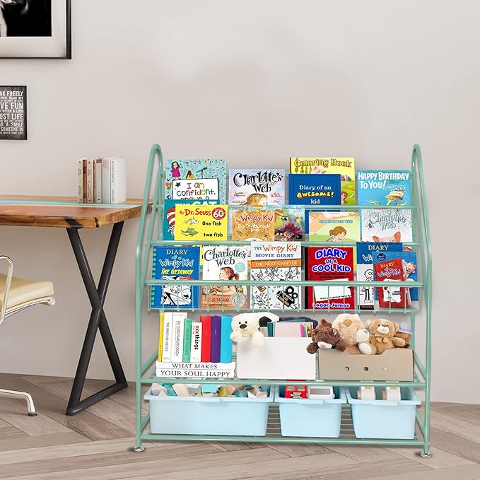 aboxoo Metal Kids Bookshelf Green Freestanding for Children Room 32 in Toy Organizer Book Unit Storage Large Green Stable Bookcase Bookstore Living Room Bed Room Library