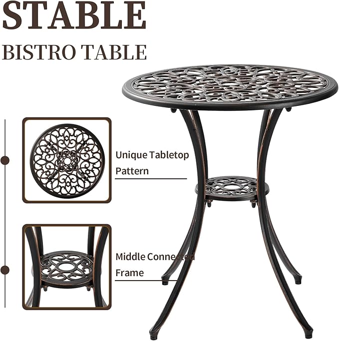 Patio Bistro Sets 3 Piece, Outdoor Bistro Table and Chairs Set of 2 with Umbrella Hole, Cast Aluminum Bistro Set, Patio Furniture for Yard Garden Porch, Bronze