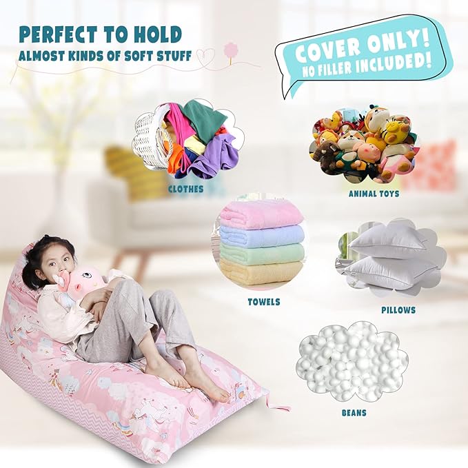 Stuffed Animal Storage Bean Bag Chair Cover, Cotton Pink Unicorn Plush Toy Storage Stuff and Sit Seat for Kids/Teens/Adults, 52" x 31" Extra Large Triangle Floor Sofa, 200L/52Gal, Cover Only