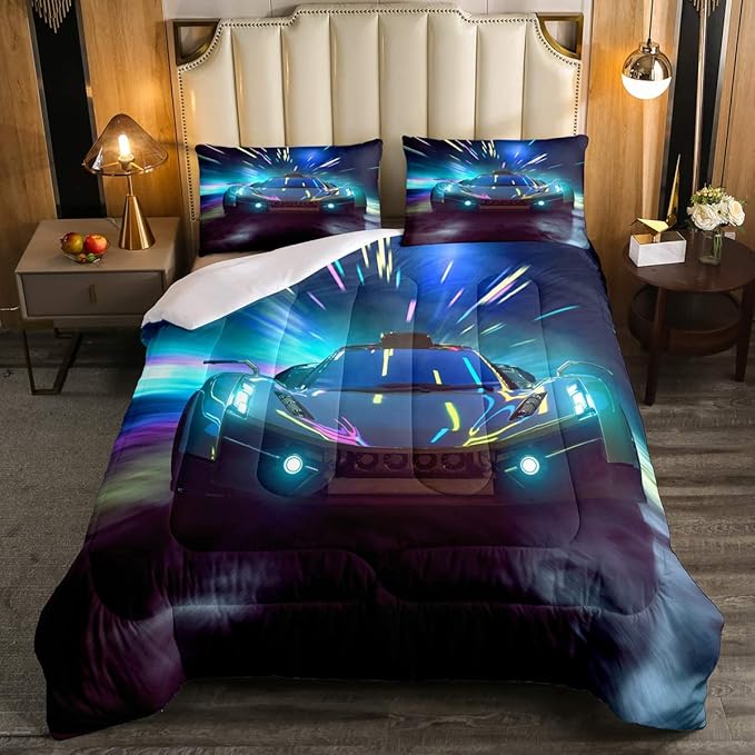 Erosebridal Racing Car Comforter Set King Size Racing Game Duvet Set Speed Car Quilt Set Extreme Sports Bedding Set for Kids Boys Teens Young Man Adult Gifts Kids Car Theme Room Decorative