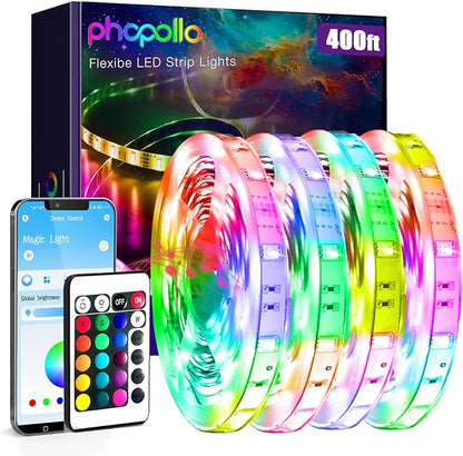 phopollo Bluetooth 24V Led Strip Lights 400ft (4 Rolls of 100ft), Color Changing LED Lights for Bedroom, Kitchen Decor, App Control and Music Sync