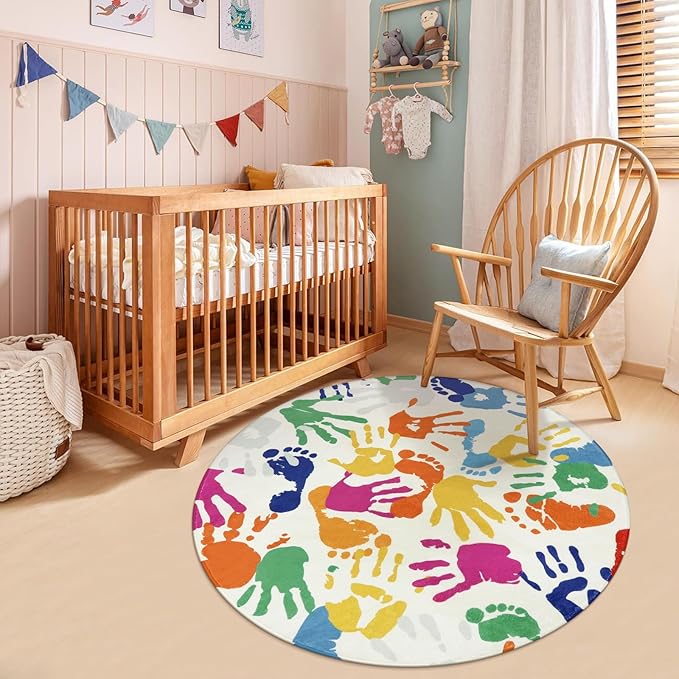Colorful Round Rug for Kids Bedroom, 4'x4' Handprints and Footprints Circle Rug for Playroom, Rainbow Washable Rug for Nursery, Small Circular Carpet for Classroom Dorm Daycare