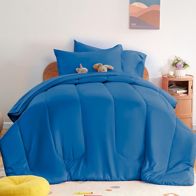 SLEEP ZONE Kids Twin Bedding Comforter Set - Super Cute & Soft Kids Bedding 5 Pieces Set with Comforter, Sheet, Pillowcase & Sham (Blue)