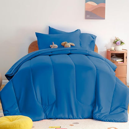 SLEEP ZONE Kids Twin Bedding Comforter Set - Super Cute & Soft Kids Bedding 5 Pieces Set with Comforter, Sheet, Pillowcase & Sham (Blue)