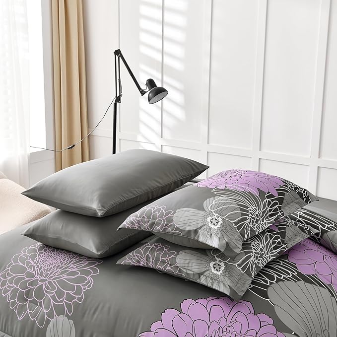 Yiran King Size Comforter Set Grey Purple Comforter Floral Bedding Comforter Set 7 Pieces Soft Microfiber Bed Set for All Seasons 103"×90"