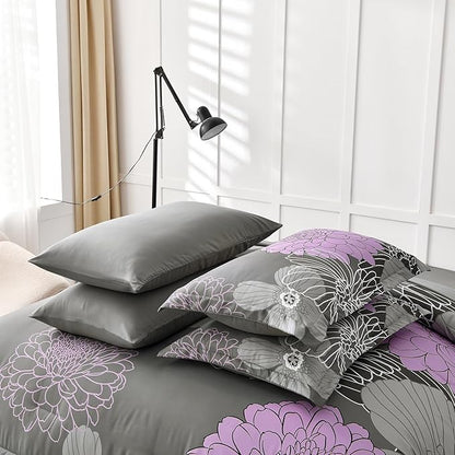 Yiran King Size Comforter Set Grey Purple Comforter Floral Bedding Comforter Set 7 Pieces Soft Microfiber Bed Set for All Seasons 103"×90"