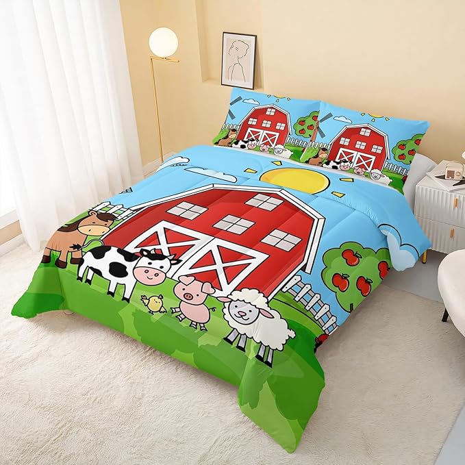 Farm Animals Comforter,Farmhouse Comforter Set for Kids Teens Girls Boys,Cartoon Animals 3Pcs Bedding Set Printed Comforter with 2 Pillowcases,Down Alternative,Soft and Lightweight，Queen Size
