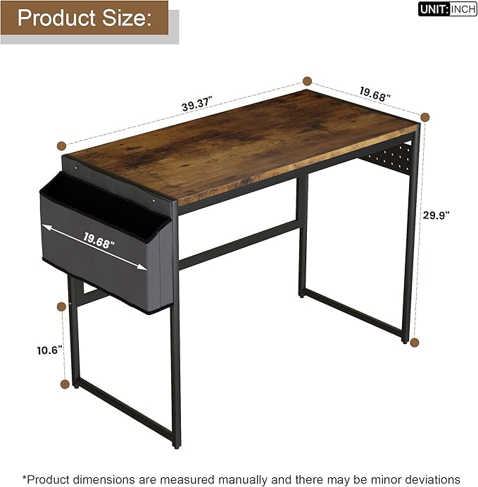 DKLGG Computer Desk 39" Home Office Desk Laptop Study Table Workstation with A Storage Bag and Headphone Hook Retro Industrial Design Small Computer Desk for Teens, Brown