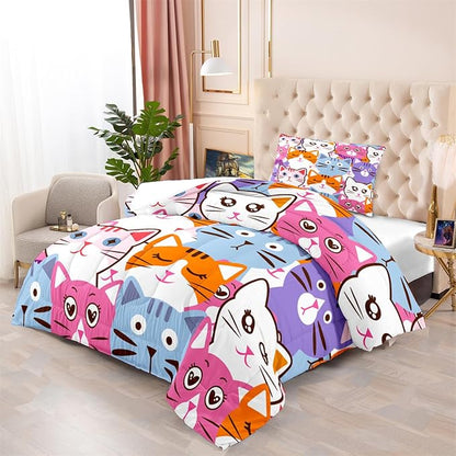 Cartoon Cat Bedding Set - 2Pcs Cute Cat Comforter Set for Bedroom Kids Boys Girls Cat Bedding Decor for All-Season Colorful Kitten Pattern Lovely Animal 1 Cat Comforter with 1 Pillowcase, Twin Size