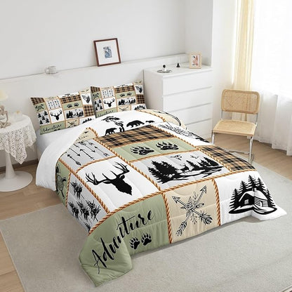 Camper Adventure Kids Comforter Set Full Size,Deer Antlers Bear Paws Farmhouse Bedding Set for Boys Girls Adults Room Decor,Arrows Plaids Patchwork Down Comforter,Rustic Duvet Insert,2 Pillowcases