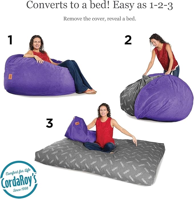 CordaRoy's Chenille Bean Bag - Convertible Bean Bag Chair & Bed - Machine-Washable Chenille Fabric Cover - for Basement, Living Room, Game Room, Dorm & More - Full Size - Very Peri Purple
