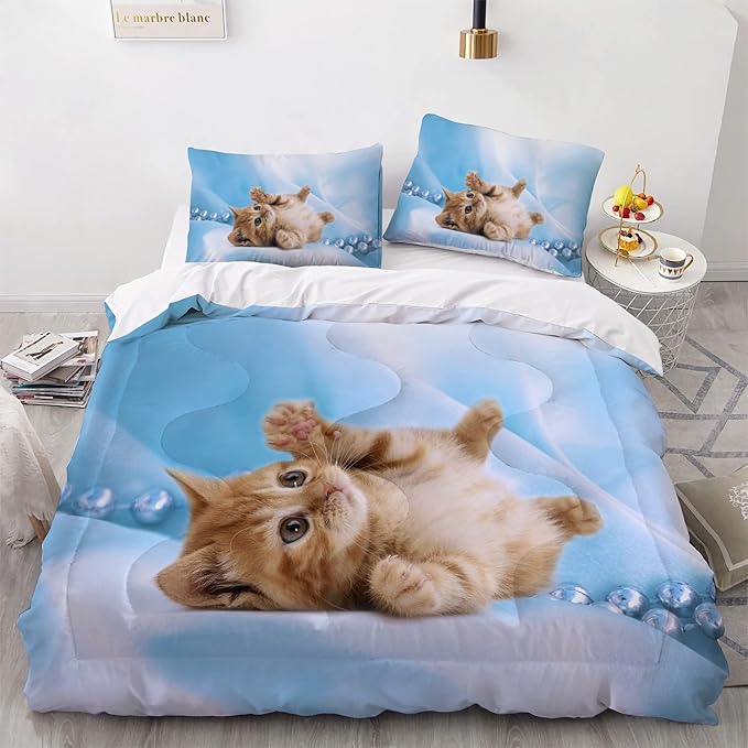 Cat Comforter Set Queen Size for Kids Blue Cat 3Pcs Bedding Set for boys and Girls (1Summer Comforter+ 2 Pillowcases) Lovely Animal Pets Duvet Set