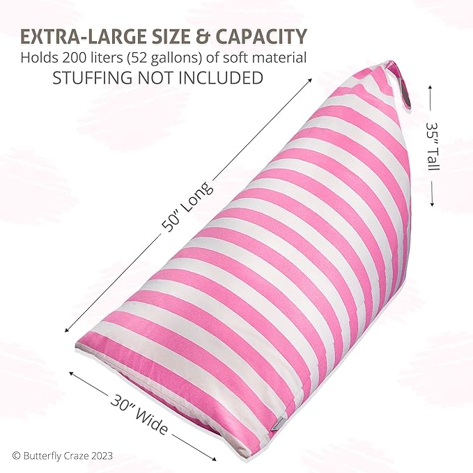 Butterfly Craze Bean Bag Chair Cover, Functional Toddler Toy Organizer, Fill with Stuffed Animals to Create a Jumbo, Comfy Floor Lounger for Boys or Girls, Stuffing Not Included, Light Pink Stripes