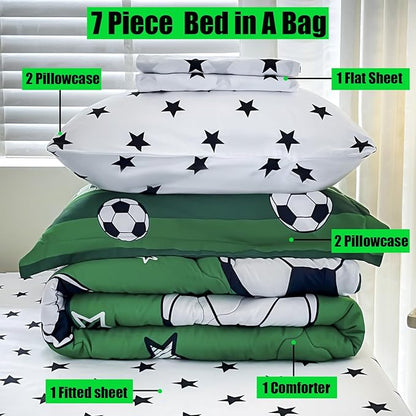 7 Piece Boys Soccer Comforter Set Queen Size Bed in A Bag 3D Football Playground Sports Bedding Set for Kids Microfiber Comforter All Season Green