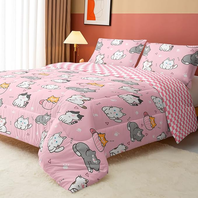 Datura home Pink Kawaii Cat Comforter Bedding Set for Girls Lovely Kitten Print Cute Animal Pattern with 1 and 2 Pillowcases Bedroom All Season(Cat Twin), Twin 68x86inches