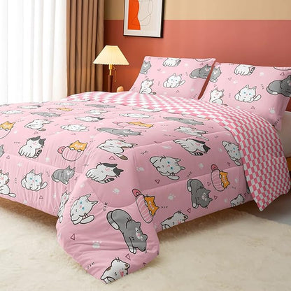 Datura home Pink Kawaii Cat Comforter Bedding Set for Girls Lovely Kitten Pink Print Cute Animal Pattern Bedding Set with 1 Comforter and 2 Pillowcases for Girls Bedroom All Season(Cat Pink Full)