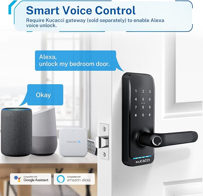 Smart Door Lock with Handle: Kucacci Keyless Entry Digital Door Lock for Front Door - Fingerprint Keypad Smart Dnob - Generate Passcode Remotely - App Control - Easy Installation(Black)