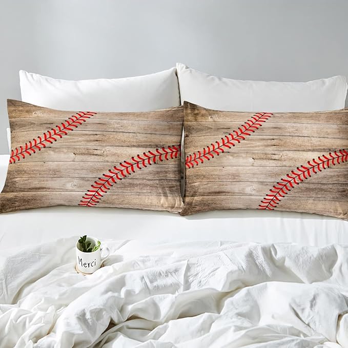 Erosebridal Baseball Bedding Set for Kids Boys Teens Queen,Sports Games Comforter Set Retro Rustic Wooden Board Quilt Duvet Sets American Baseball Country Down Comforter with 2 Pillow Cases