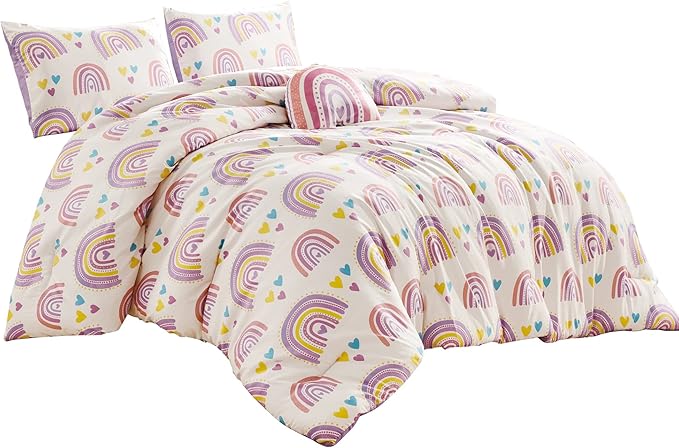 for Kids Rainbow Hearts 4-Piece Comforter Set - Beautiful Motif Design Bedding Set with Embrodery Print
