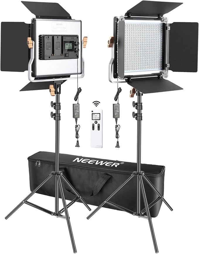Neewer 2 Packs Advanced 2.4G 480 LED Video Light Photography Lighting Kit with Bag, Dimmable Bi-Color LED Panel with 2.4G Wireless Remote, LCD Screen and Light Stand for Portrait Product Photography