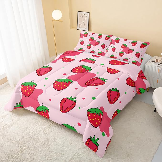 Kawaii Comforter Twin,Pink Strawberry Comforter Set for Kids Teens Girls,3Pcs Bedding Set Printed Comforter with 2 Pillowcases,Down Alternative,Soft and Lightweight，Twin Size