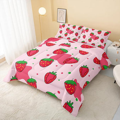 Kawaii Comforter Queen,Pink Strawberry Comforter Set for Kids Teens Girls,3Pcs Bedding Set Printed Comforter with 2 Pillowcases,Down Alternative,Soft and Lightweight，Queen Size