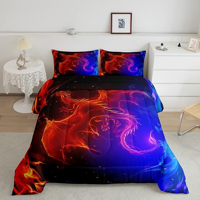 Erosebridal Dragon Comforter Set Nebula Bedding Set Full Size Mysterious Outer Space Quilted Duvet Trippy Duvet Set for Kids Boys Girls Teens Young Man Room Decorative, Blue Red